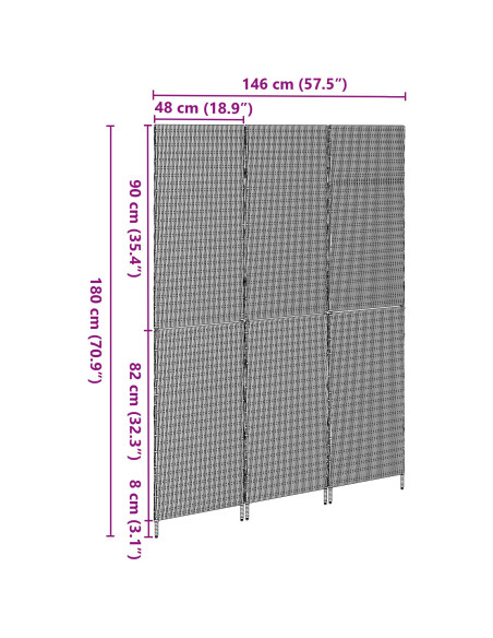 Divisore per stanze  3 pannelli pieghevoli marrone 146x180 cm in polirattan