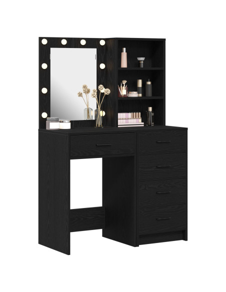 Set di 2 Pezzi di Tavolo da Trucco con LED in Legno Ingienierizzato Nero