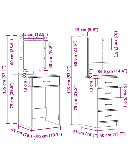 Set da Toeletta a 2 Pezzi con LED in Legno Antico