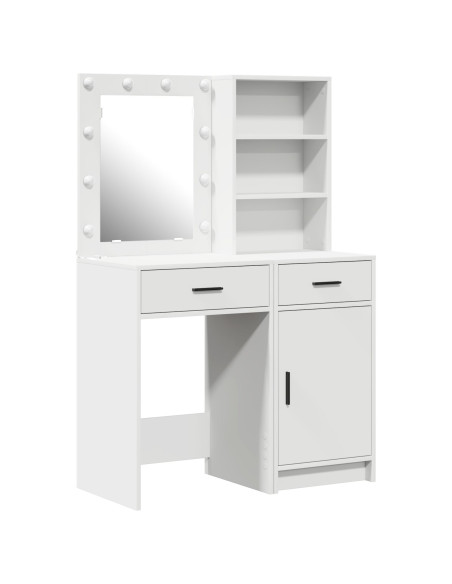 Set da Due Pezzi per Tavolo da Trucco con LED in Legno Bianco