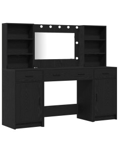 Set da tavolo da trucco con LED con cassetto 3 pcs Rovere Nero
