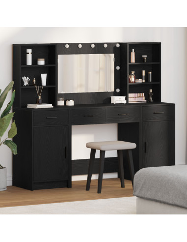 Set da tavolo da trucco con LED con cassetto 3 pcs Rovere Nero