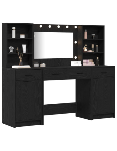 Set da tavolo da trucco con LED con cassetto 3 pcs Rovere Nero