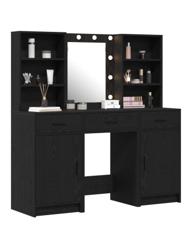 Set da tavolo da trucco con LED con cassetto 3 pcs Rovere Nero