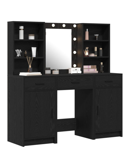 Set da tavolo da trucco con LED con cassetto 3 pcs Rovere Nero