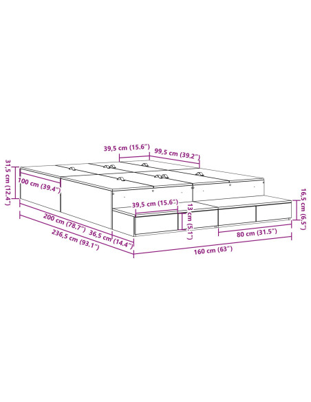 Struttura letto con contenitore Rovere Sonoma 160 cm