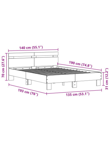 Struttura del letto con led Rovere artigianale 135 x 190 cm