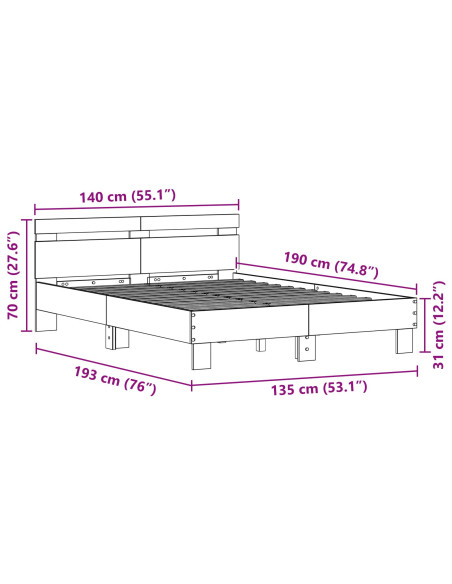 Struttura del letto con led Rovere artigianale 135 x 190 cm
