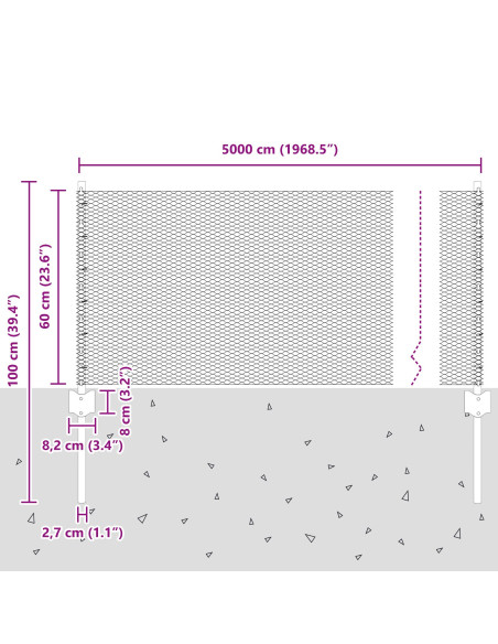 Recinzione con Posto Grigio 0,6 x 50 m Acciaio e PVC