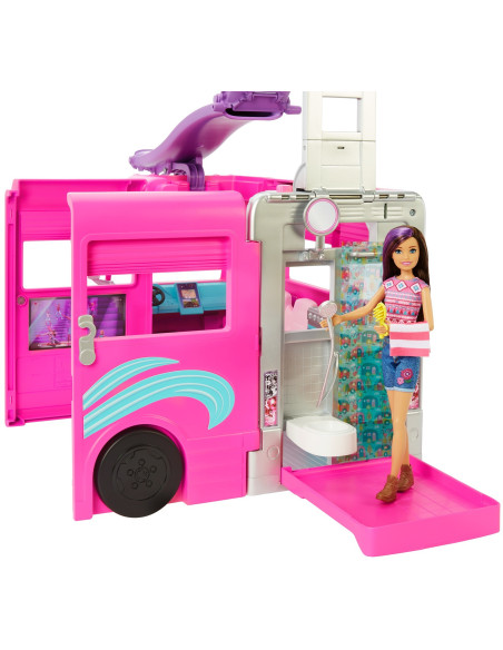 Barbie Camper dei Sogni - Veicolo con Scivolo e Piscina - 2 Cuccioli - 7 Aree Gioco - Alto 76 cm - 60+ Accessori - Regalo per Ba
