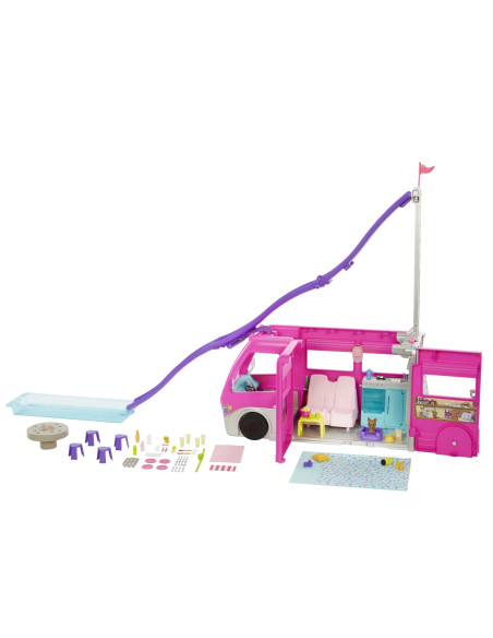 Barbie Camper dei Sogni - Veicolo con Scivolo e Piscina - 2 Cuccioli - 7 Aree Gioco - Alto 76 cm - 60+ Accessori - Regalo per Ba