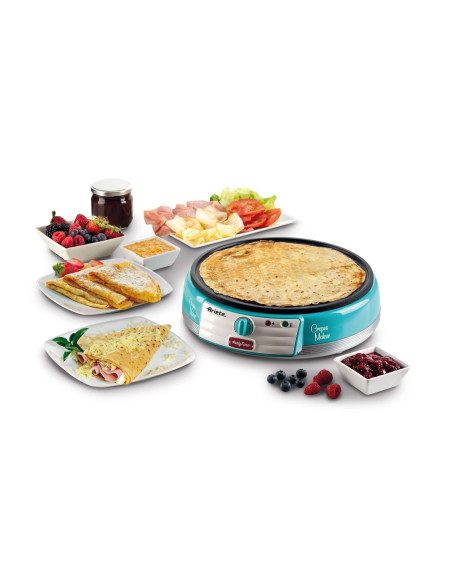 Ariete 202 Crepes Maker Party Time - Piastra per Crepes antiaderente - 2 spatole in legno - ricettario - 1000 W - Azzurro