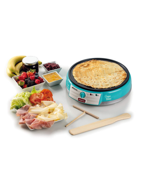 Ariete 202 Crepes Maker Party Time - Piastra per Crepes antiaderente - 2 spatole in legno - ricettario - 1000 W - Azzurro
