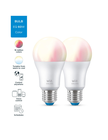 WiZ Lampadina Smart Dimmerabile Luce Bianca o Colorata Attacco E27 60W Goccia 2Pezzi