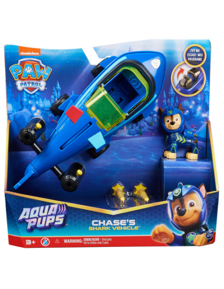 PAW Patrol Aqua Pups, Shark Vehicle trasformabile di Chase con action figure da collezione, giocattoli per bambini dai 3 anni in