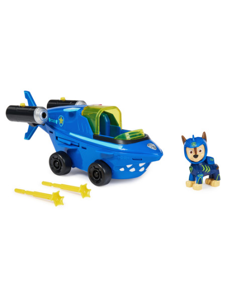 PAW Patrol Aqua Pups, Shark Vehicle trasformabile di Chase con action figure da collezione, giocattoli per bambini dai 3 anni in