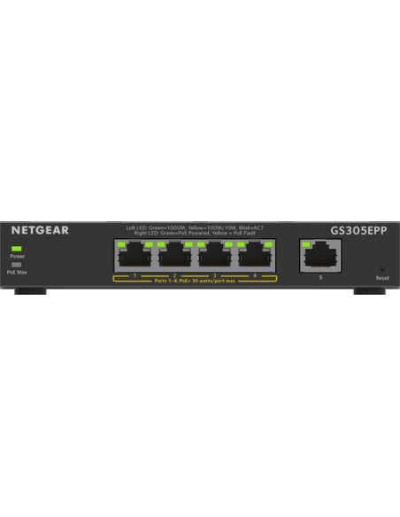 NETGEAR 5-Port Gigabit Ethernet High-Power PoE+ Plus Switch (GS305EPP) Gestito L2/L3 Gigabit Ethernet (10/100/1000) Supporto Pow
