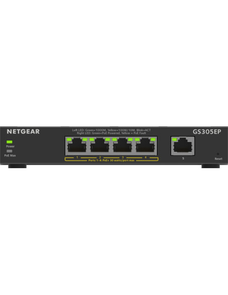 NETGEAR 5-Port Gigabit Ethernet PoE+ Plus Switch (GS305EP) Gestito L2/L3 Gigabit Ethernet (10/100/1000) Supporto Power over Ethe