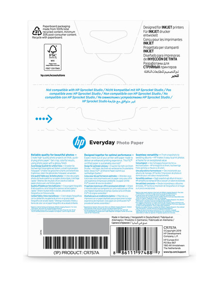 HP Carta fotografica Everyday, lucida, 200 g/m2, 10" x 15" (101 x 152 mm), 100 fogli