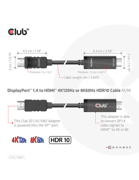 CLUB3D CAC-1087 cavo e adattatore video 3 m DisplayPort HDMI Nero