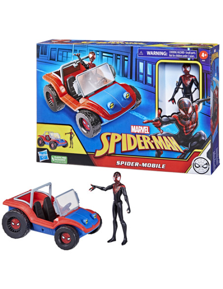 Marvel Spider-Man Spider Mobile e Miles Morales, veicolo da 15 cm con action figure, per bambini dai 4 anni in su