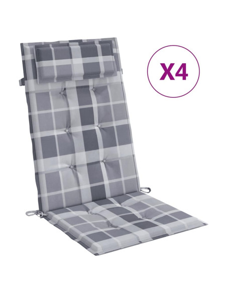 Cuscini Sedia Schienale Alto 4pz a Quadri Grigio Tessuto Oxford