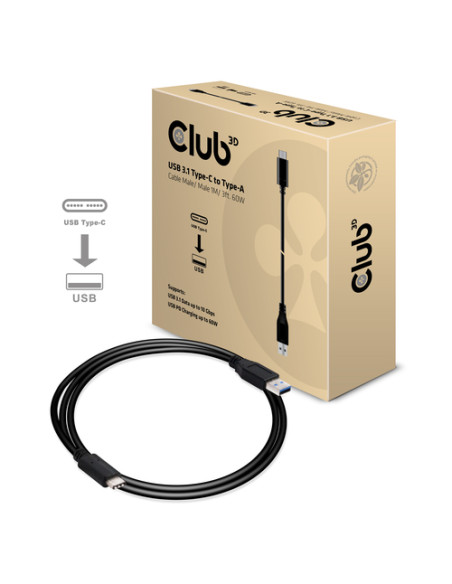 CLUB3D USB 3.1 Type-C to Type-A Cable 10Gbps PD 60W M/M 1m/3.28ft