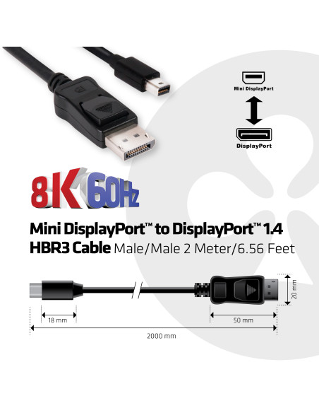 CLUB3D Mini DisplayPort to DisplayPort 1.4 HBR3 8K60Hz Cable, 2 Meter / 6.56 Feet