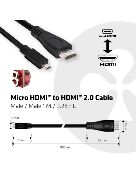 CLUB3D Micro HDMI™ to HDMI™ 2.0 4K60Hz Cable 1M / 3.28Ft