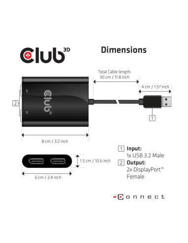 CLUB3D USB3.2 Gen1 Type A to DisplayPort™1.2 Dual Monitor 4K60Hz Video Splitter