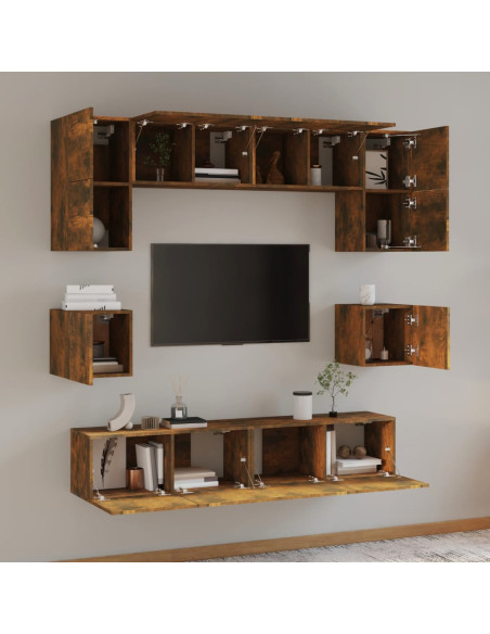 Set Mobili Porta TV 8pz Rovere Fumo in Legno Multistrato