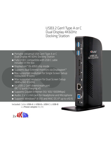 CLUB3D USB3.2 Gen1 Type A or C Dual Display 4K60Hz Docking Station DisplayLink® Certified