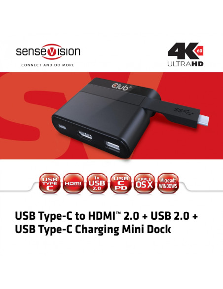CLUB3D USB Type-C to HDMI™ 2.0 + USB 2.0 + USB Type-C Charging Mini Dock