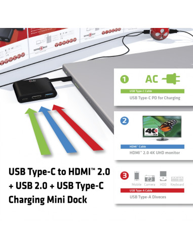 CLUB3D USB Type-C to HDMI™ 2.0 + USB 2.0 + USB Type-C Charging Mini Dock