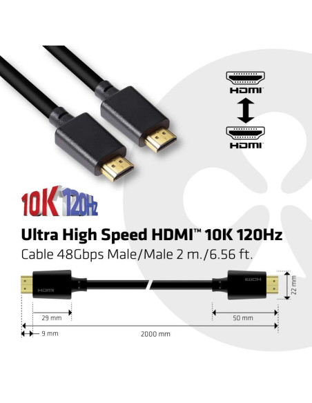 CLUB3D Ultra High Speed HDMI 4K120Hz, 8K60Hz Certified Cable 48Gbps M/M 2 m / 6.56 ft
