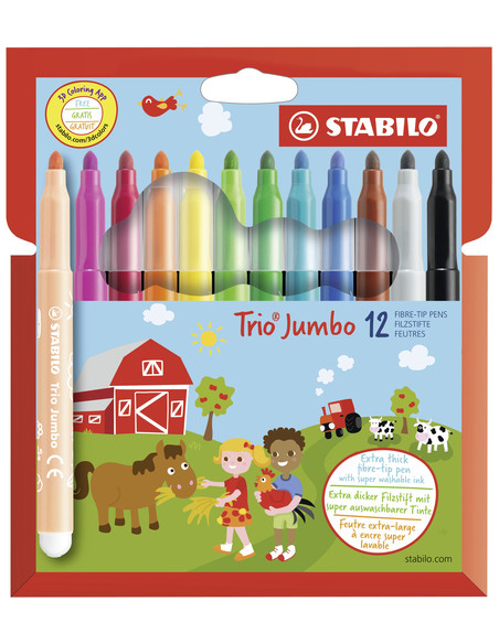 STABILO Trio Jumbo marcatore Nero, Blu, Marrone, Verde, Ciano chiaro, Verde chiaro, Arancione, Pesca, Rosa, Rosso, Bianco, Giall
