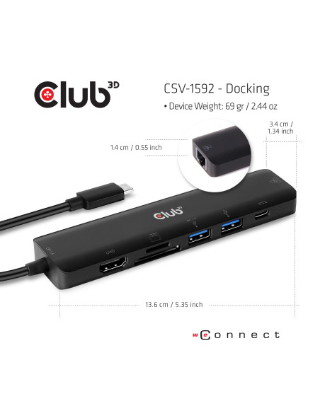 CLUB3D CSV-1592 replicatore di porte e docking station per laptop USB 3.2 Gen 1 (3.1 Gen 1) Type-C Nero
