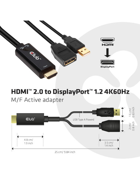 CLUB3D HDMI 2.0 TO DISPLAYPORT 1.2 4K60HZ HDR M/F ACTIVE ADAPTER Nero