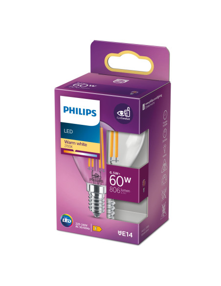 Philips Lampadina candela trasparente a filamento 60 W P45 E14