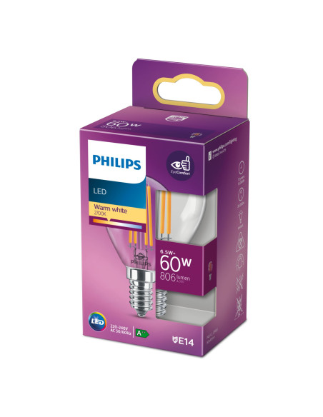 Philips Lampadina candela trasparente a filamento 60 W P45 E14