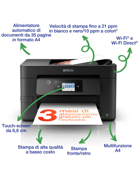 Epson WorkForce Pro WF-3825DWF, stampante multifunzione A4 getto d'inchiostro (stampa, scansione, copia), Display LCD 6.8cm, WiF