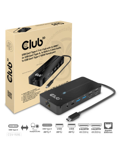 CLUB3D CSV-1595 replicatore di porte e docking station per laptop USB 3.2 Gen 1 (3.1 Gen 1) Type-C Nero