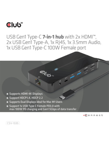 CLUB3D CSV-1595 replicatore di porte e docking station per laptop USB 3.2 Gen 1 (3.1 Gen 1) Type-C Nero