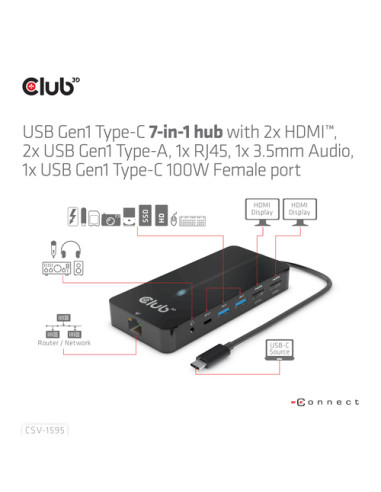 CLUB3D CSV-1595 replicatore di porte e docking station per laptop USB 3.2 Gen 1 (3.1 Gen 1) Type-C Nero