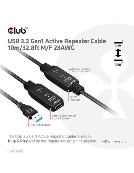 CLUB3D CAC-1405 cavo USB USB 3.2 Gen 2 (3.1 Gen 2) 10 m USB A Nero