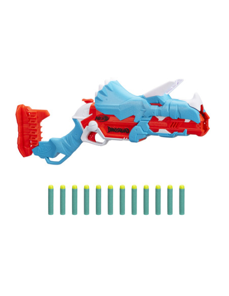 Nerf DinoSquad - Tricera-blast (blaster con alloggiamento per caricamento di 3 dardi, con supporto dardi e design dinosauro Tric