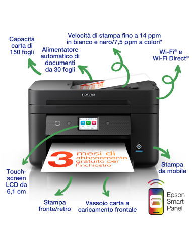 Epson WorkForce WF-2960DWF stampante multifunzione A4 getto d'inchiostro (stampa, scansione, copia), Display LCD 6.1 cm, ADF, Wi