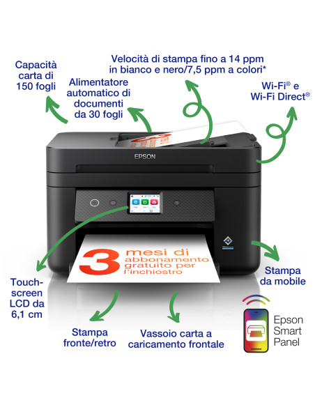 Epson WorkForce WF-2960DWF stampante multifunzione A4 getto d'inchiostro (stampa, scansione, copia), Display LCD 6.1 cm, ADF, Wi