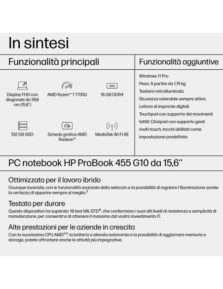HP ProBook 455 G10 AMD Ryzen™ 7 7730U Computer portatile 39,6 cm (15.6") Full HD 16 GB DDR4-SDRAM 512 GB SSD Wi-Fi 6E (802.11a