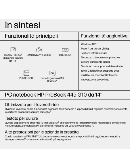HP ProBook 445 G10 AMD Ryzen™ 5 7530U Computer portatile 35,6 cm (14") Full HD 8 GB DDR4-SDRAM 256 GB SSD Wi-Fi 6E (802.11ax) 